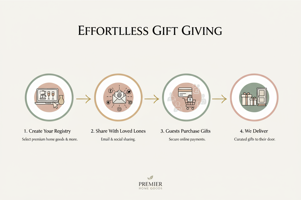 explain how gift registry works, including create oregister, share with loved ones, they pay, we deliver the productsetc 