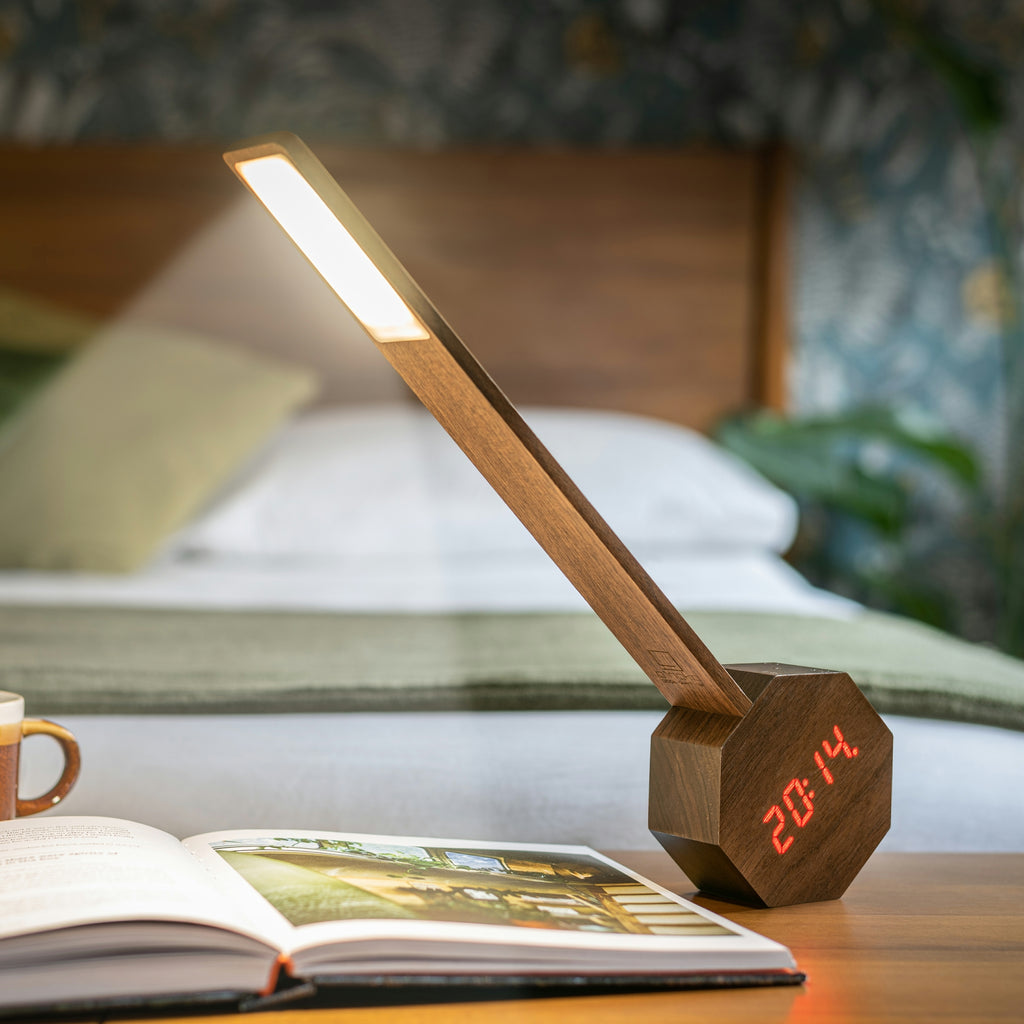 Gingko Octagon One Plus Portable Alarm - Clock Desk Light, Walnut